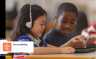 Children engaged with tablets, wearing headphones, highlighting accessibility in education.